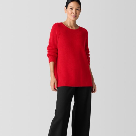 NWT Eileen Fisher RED POPPY Merino Crew Neck Top in Regenerative Wool